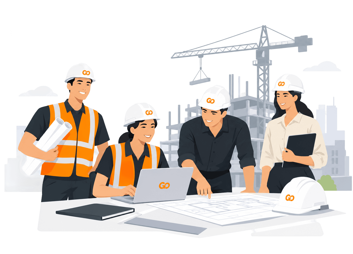 Survey team reviewing construction plans